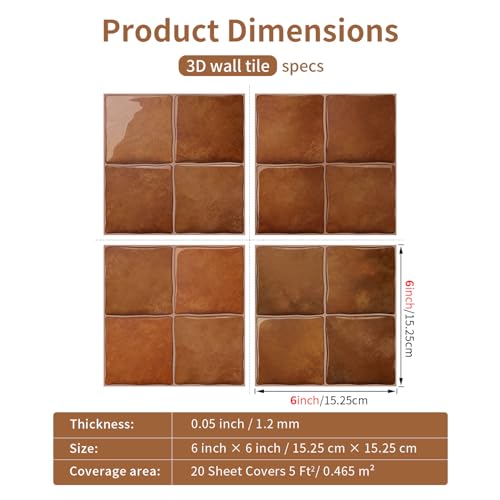 20pcs Peel and Stick Backsplash Wall Tiles, Brown Orange, 6"x6" - color: Brown Orange