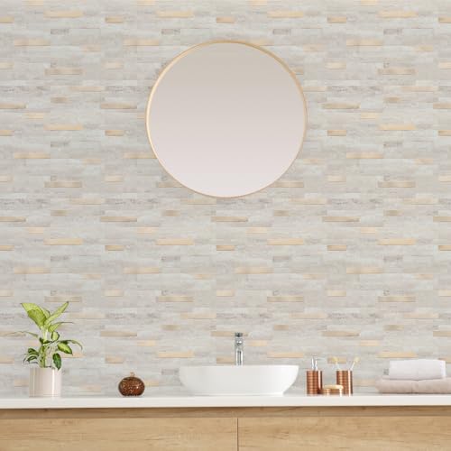 STICKGOO Peel and Stick Backsplash, PVC Wall Tiles Stick on Backsplash for Kitchen(10 Sheets, Beige with Metal Gold) - color: Beige with Metal Gold