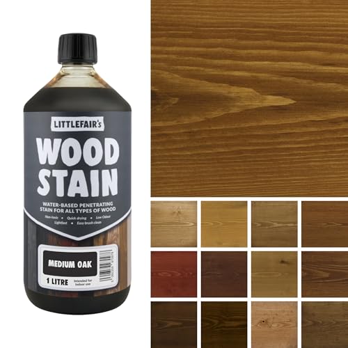 Littlefair's Wood Stain Water Based - 34oz/1ltr - Indoor Furniture Stain Light & Dark Finishes - Special Non Toxic & Eco Friendly Formula - Wood Stain for Crafts - Color: Medium Oak - color: Medium Oak, size: 34oz/1ltr