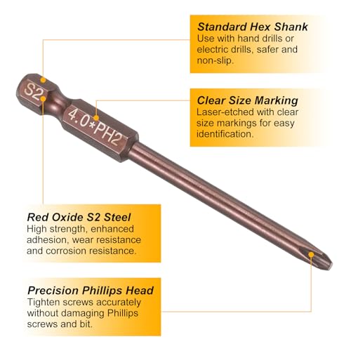 HARFINGTON 5pcs #2 Phillips Screwdriver Bit PH2 1/4" Hex Shank 3" (75mm) Long 0.16" Rod Magnetic Cross Head Drive Drill Bits S2 Steel Industrial Screw Driver Electric Power Tool, Brown - size: PH2 x 3" x 0.16"