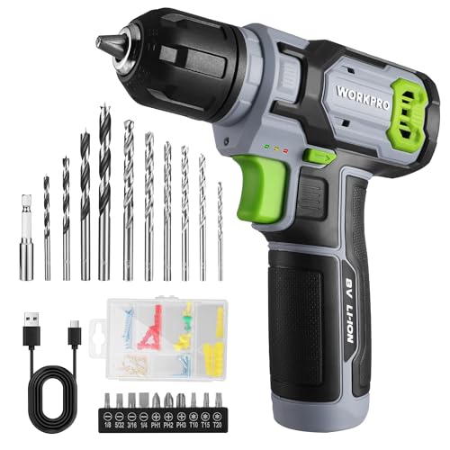 WORKPRO 8V Cordless Drill Set with Battery and Charger, 3/8" Keyless Chuck - color: Grey, size: 53PCS
