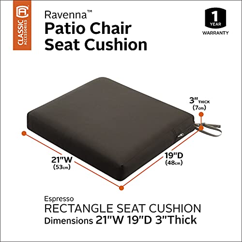 Classic Accessories Ravenna Water-Resistant 21 x 19 x 3 Inch Patio Seat Cushion, Espresso, Chair Seat Cushion - color: Espresso, size: 21"W x 19"D x 3"Thick