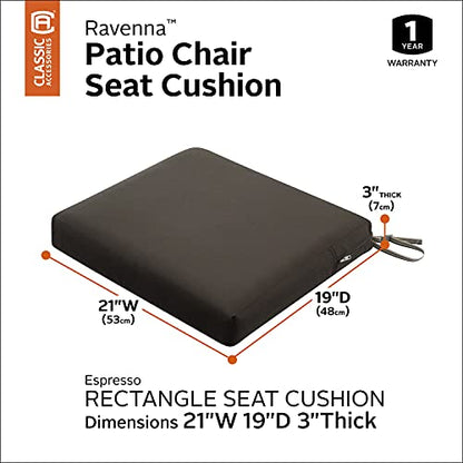 Classic Accessories Ravenna Water-Resistant 21 x 19 x 3 Inch Patio Seat Cushion, Espresso, Chair Seat Cushion - color: Espresso, size: 21"W x 19"D x 3"Thick