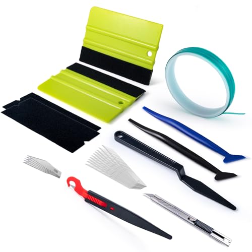 FOSHIO Knife Tape Window Tint Kit, 5M Finish Line and 2PCS Felt Squeegee with Felt Replacements, Vinyl Cutter Knife Utility Knife and 10PCS Blades, 2PCS Micro Squeegee Corner Squeegee Vinyl Wrap Tools