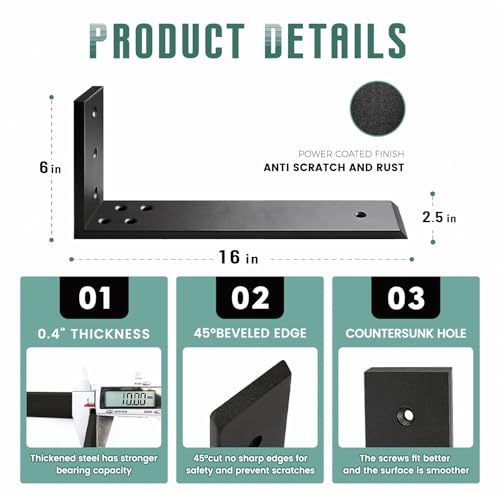 WINKER Countertop Support Brackets 3 Pack L Bracket 16" x 6" x 2.5" Heavy Duty 3/8" Thick Steel Corbels L Shape Bracket for Wood Shelf/Quartz/Granite/Concrete Countertops - size: 16 Inch, style: Black-3 Pack