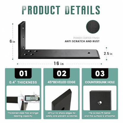WINKER Countertop Support Brackets 3 Pack L Bracket 16" x 6" x 2.5" Heavy Duty 3/8" Thick Steel Corbels L Shape Bracket for Wood Shelf/Quartz/Granite/Concrete Countertops - size: 16 Inch, style: Black-3 Pack