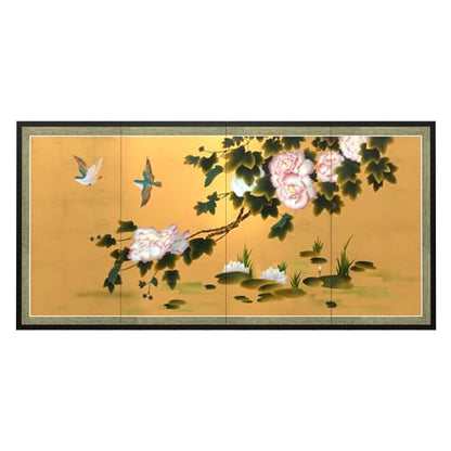 Red Lantern Lily Pad Pond on Gold Leaf - color: Lilly Pad Pond