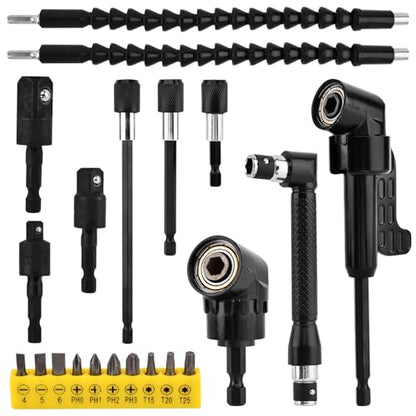 21Pcs Right Angle Drill Attachment Set Include 2Pcs Flexible Drill Bit Extension 3Pcs 360° Rotatable Socket Adapter 2Pcs Hex Shank 105° Right Angle Attachment 10 Screwdriver Bits(COLOR:black)