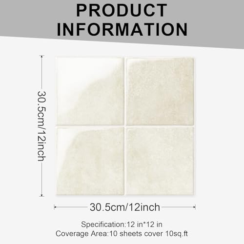 10 Sheets Thicker Design Peel and Stick Backsplash, 3D Self Adhesive Peel and Stick Wall Tile Backsplash for Kitchen, Bathroom, 12"x12", Beige - color: Beige