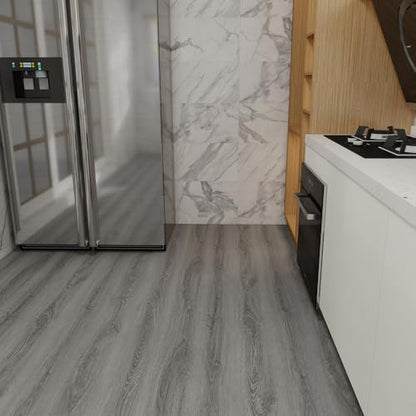 Wood Grain Peel and Stick Floor Tiles, 11.8" W × 394" L, Soft Gray - color: Ashline Rustic, size: 394"*11.8"