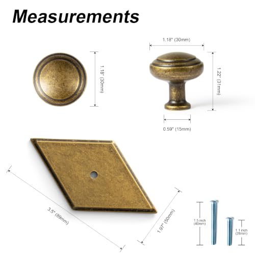 6Pack Champagne Bronze Cabinet Knobs with Backplate Drawer knobs - color: Antique Brass, style: Rhombus