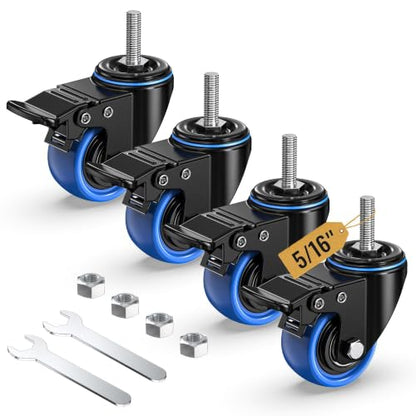 HOLKIE Stem Caster Wheels 2 inch Total Locking Casters Set of 4, Threaded Stem 5/16" -18 x 1 (Diameter 5/16", Length 1") Swivel Heavy Duty Castors Blue Wheel - size: 2 Inch-Blue-With Brake (5/16" -18 x 1")