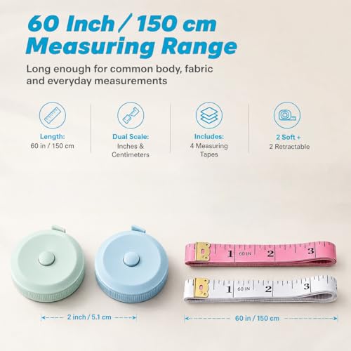 Soft Measuring Tape 4 Pack, Body Tape Measure 60 Inch, Retractable Set - color: Macaron Green+Macaron Blue+White+Pink
