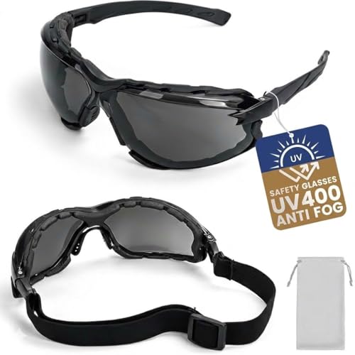 Flaya Foam Lined Safety Glasses Anti-Fog Z87.1 Mowing Goggles with Strap - color: Black