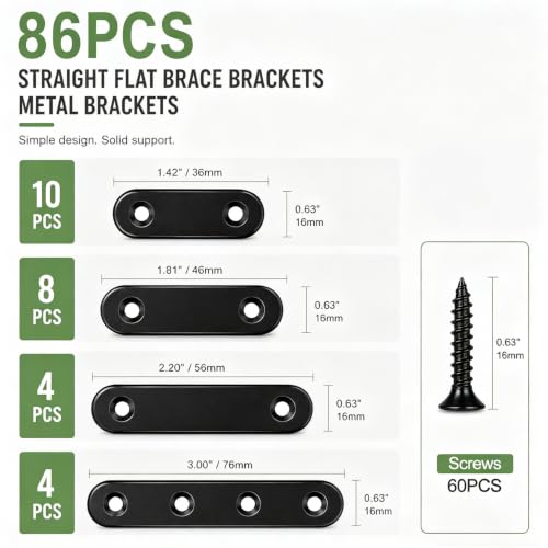 mxuteuk 86pcs Black Straight Flat Bracket,Stainless Steel Black Flat Brackets for Wood,Metal Mending Plate with Screws 36mm/46mm/56mm/76mm - color: Black-36/46/56/76mm