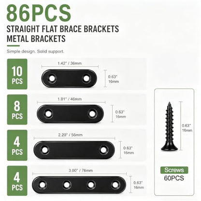 mxuteuk 86pcs Black Straight Flat Bracket,Stainless Steel Black Flat Brackets for Wood,Metal Mending Plate with Screws 36mm/46mm/56mm/76mm - color: Black-36/46/56/76mm