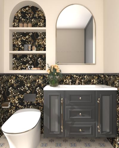 Fvlow Moody Black Dark Leaves Floral Peel and Stick Wallpaper 17.4" x 197" - color: Black/Muted Gold, size: 17.4" x 197"
