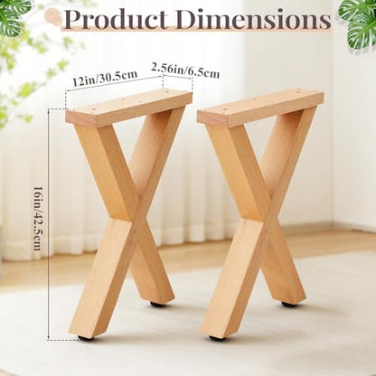 AceOrbit 2 Set 16 Inch X Shape Wooden Furniture Legs, DIY Unfinished Wood Replacement Legs for Desk & Coffee Table, Modern Bench, Home & Office,100% Beech Wood
