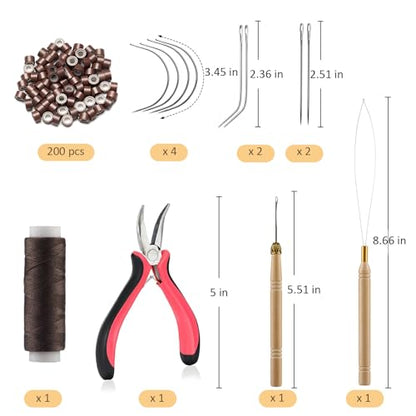 VCAY Hair Extension Tools Kit,200 Beads,Plier,Threader,Hook,Needles,Thread - color: Brown