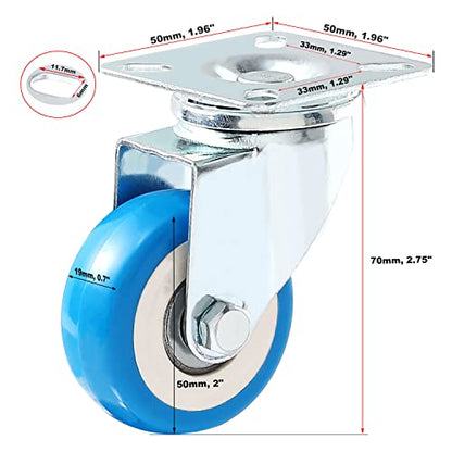 12 Pack Caster Swivel Plate On Blue Polyurethane Wheels PU(6 pc no Brake + 6 pc w/Brake) - size: Combo - 6 No brake & 6 With Brake