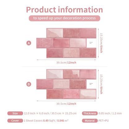 Alwayspon 6x12inchx10Pcs Self Adhesive Wall Tile Sticker, Peel and Stick Adhesive Waterproof Backsplash Stick on Tile Decals for Kitchen Bathroom Wall, Pink - color: Pink