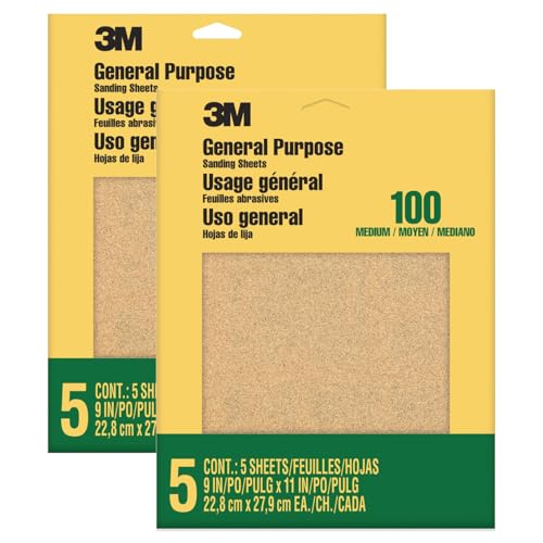 3M Sandpaper, 100 Grit, 5 Sheets, 9 in x 11 in, Sands Paint, Wood & Metal, Great for General Purpose Sanding, Medium Aluminum Oxide Sand Paper (9002NA-20), 2-Pack - size: 9 in x 11 in (2-Pack, 10 Sheets), style: Medium