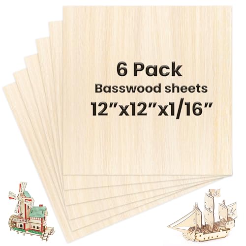 6 Pack Basswood Sheets 12 x 12 x 1/16 Inch Thin Wood Sheets for Crafts - size: 6 Pack 12 x 12 x 1/16 inch