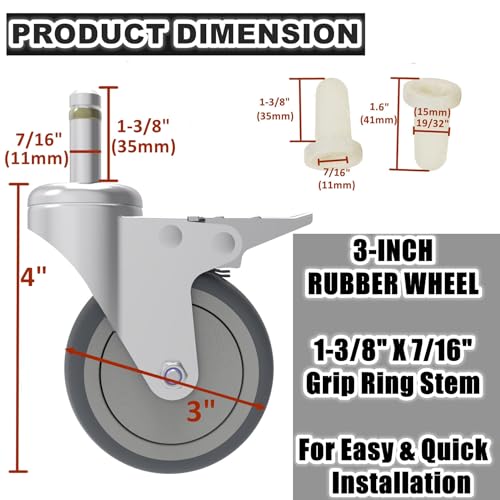 RILIDRI 3-Inch Swivel Stem Caster, 7/16-Inch Stem Diameter Rubber Wheel, Heavy Duty TPR Replacement Wheels for Rubbermaid Mop Bucket Cart Grill Casters - 4 Pack (2 Brakes 2 Swivel) - size: 3 Inch-175LB(2 Dual Brakes)