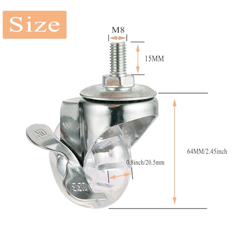 2" Stem Caster Wheels, M8×15mm, Side Brake, Clear, 4-Pack - color: Clear Side Brake, size: 2",M8x15