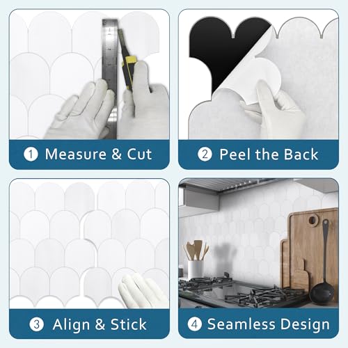 10-Sheet Fish Scale Peel and Stick Backsplash Tile, 11.4" x 10.9" Stone Composite Scallop Handmade Looks Self-Adhesive Wall Tiles for Kitchen Bathroom, White Mixed - color: White Mixed, size: Fish Scale