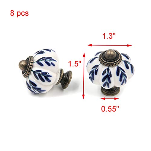 Geesatis Ivory & Blue Ceramic Knobs,Pumpkin Knobs,8Pcs,1.3" Cabinet Pulls - color: Blue & White