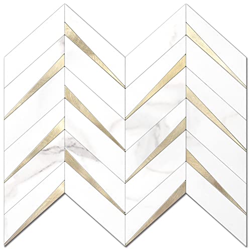 STICKGOO Herringbone Tile Peel and Stick Backsplash for Kitchen&Bathroom - color: White Marble Mixed Gold