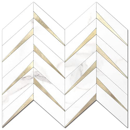 STICKGOO Herringbone Tile Peel and Stick Backsplash for Kitchen&Bathroom - color: White Marble Mixed Gold