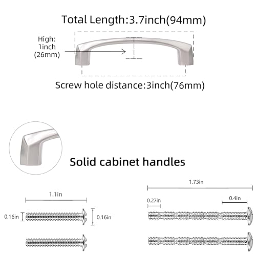 10 Pack 3 Inch Brushed Satin Nickel Kitchen Cabinet Handles - color: Brushed Satin Nickel, size: 3" Hole Center（76mm）