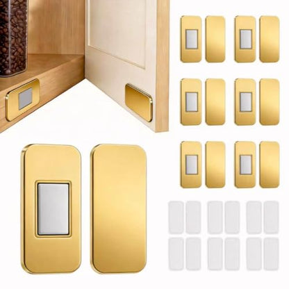 6 Pairs Gold Magnetic Cabinet Door Catch - No Drill Adhesive Kitchen Cupboard Magnets, Ultra-Thin Rustproof Gold-Plated Latches for Drawers, Closets & RV Storage