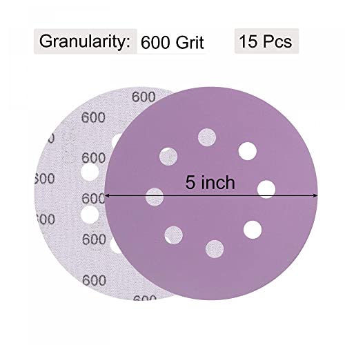 uxcell 15Pcs 5-Inch Purple Sanding Discs 600 Grits 8 Hole Hook and Loop Professional Aluminum Oxide Sand Paper Wet Dry Polish for Wood Metal Paint Finish - style: 600 Grit
