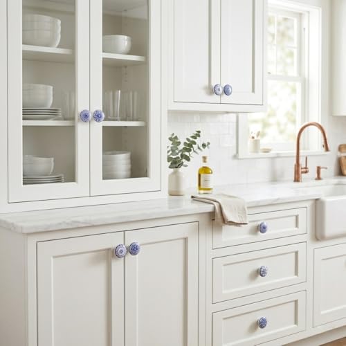 Ajuny 10 Blue White Ceramic Cabinet Knobs, Printed Drawer Pull Handles Set - color: Blue-White
