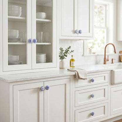 Ajuny 10 Blue White Ceramic Cabinet Knobs, Printed Drawer Pull Handles Set - color: Blue-White