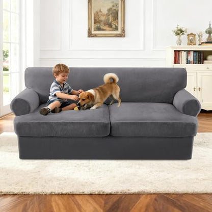 Turquoize T Cushion Sofa Slipcover 3 Piece Sofa Covers for 2 Large Cushion Couch Thick Velvet Couch Cover Stretch Furniture Covers with 2 Individual T Cushion Covers, Washable (2 Cushion Sofa, Gray) - color: Grey, size: Sofa (2 Cushion)
