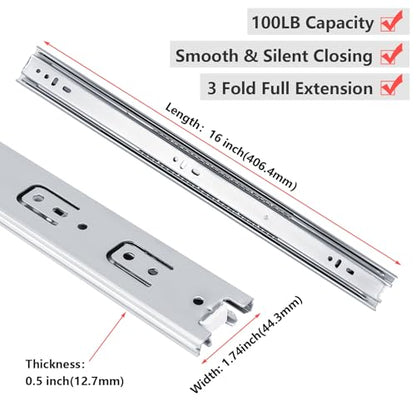 Homdiy 16 Inch Heavy Duty Drawer Slides Side Mount 100 LB Capacity, 1 Pair - size: 16 Inch