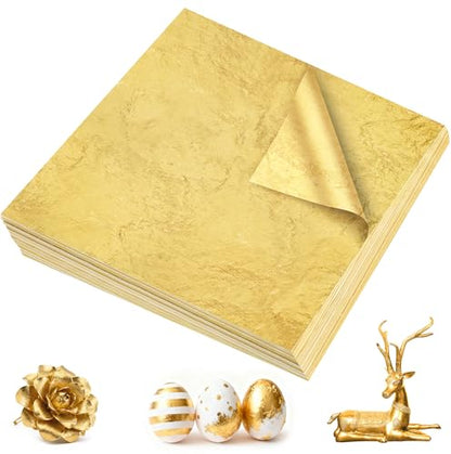 400Pcs Gold Leaf Sheets, 5.1"x5.1" Imitation Transfer Gold Leaf Sheets for Art, No Edible Glitter Gold Flakes Foil Paper Sheets for Nail Painting Jewelry Furniture Renovation & Gilding DIY Crafts