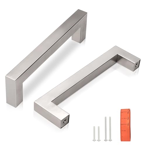 KNOBWELL 20 Pack| 4 inch Square Bar Drawer Handles Brushed Nickel, Kitchen Cupboard Handles Dresser Drawer Pulls Furniture Hardware Dresser Drawer Pull Handles - color: Brushed Nickel, size: Hole Center:4 inch(102mm)