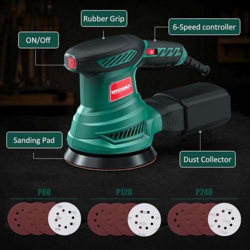 HYCHIKA 5‑Inch Random Orbital Sander, 6000‑13000 OPM, Electric Palm Sander, 6 Variable Speeds, 300W Motor with Upgraded Vacuum Dust Collector, 10 Pcs Sandpapers for Furniture Refinishing & DIY
