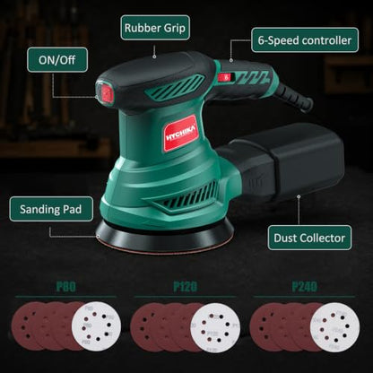 HYCHIKA 5‑Inch Random Orbital Sander, 6000‑13000 OPM, Electric Palm Sander, 6 Variable Speeds, 300W Motor with Upgraded Vacuum Dust Collector, 10 Pcs Sandpapers for Furniture Refinishing & DIY