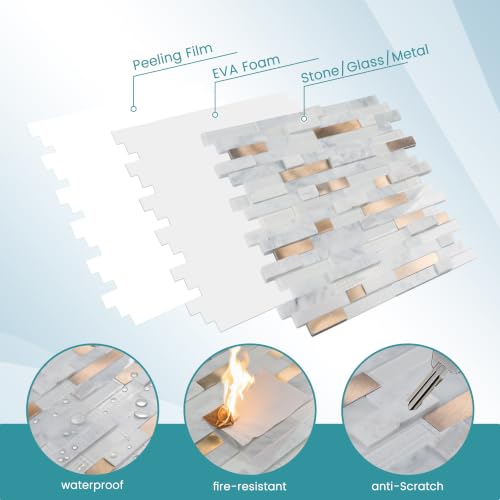 Nicesungdeco 3D Natural Real Stone Peel and Stick Mosaic Backsplash Tiles, 12" x 12" 5-Sheet Backsplash Self Adhesive Tiles for Kitchen Fireplace Vanity (White Gold) - color: WHITE GOLD