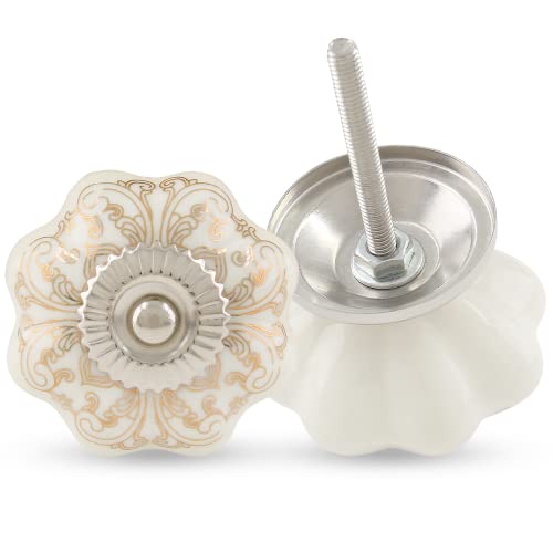 Piutouyar 6PCS Ceramic Cabinet Knobs,Gold and White Roll Hand Painted Knob