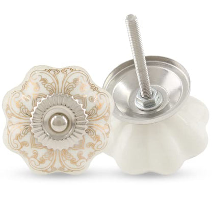 Piutouyar 6PCS Ceramic Cabinet Knobs,Gold and White Roll Hand Painted Knob