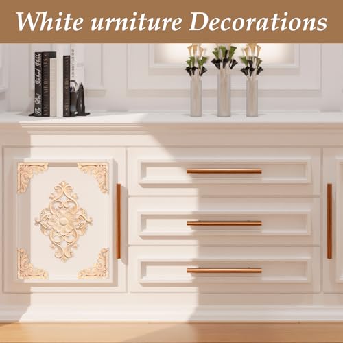 20 Pcs (4 Set) Wooden Appliques Decorative Carved Onlays, Wooden Carved Appliques DIY Decoration for Wood Furniture, Wood Carving Decals for Wall Cupboard Door Bed Cabinet