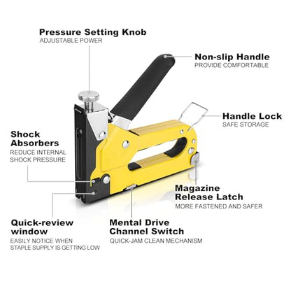 HAUTMEC Upholstery Staple Gun for Wood, 3-in-1 Heavy Duty Fabric Stapler with 600 Staples, Adjustable Manual Staple Guns for Carpet, Crafts, Furniture