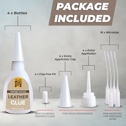 Y'allCanDiy Super Glue for Leather 4 Pk x .7 Oz. (20g)- Leather Glue - Adhesive for Purses, Sofas and Furniture. Heavy Duty Waterproof Cyanoacrylate Based Adhesive for Leathercraft, Upholstery - size: 4 Pack